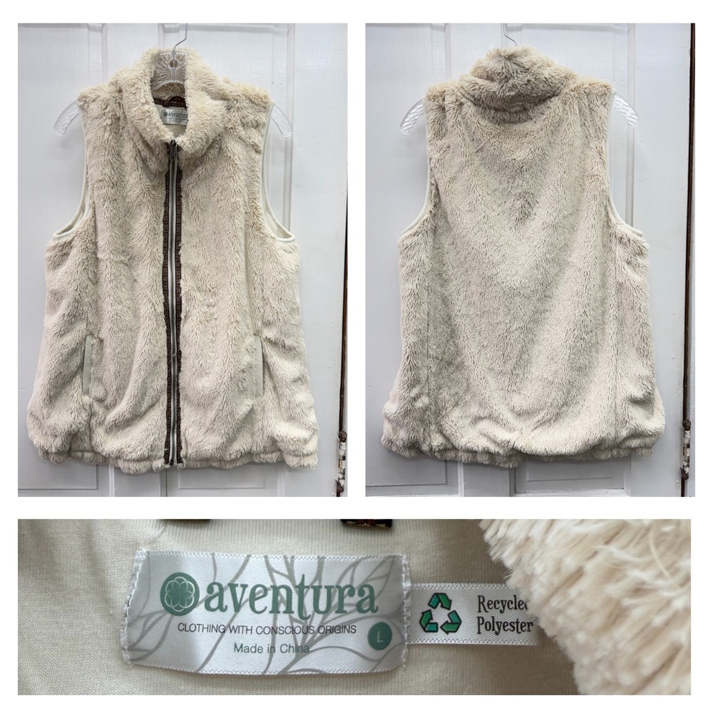 Aventura Long Hair Fleece Vest Aztec Navajo Western Trim Women's Large Cream